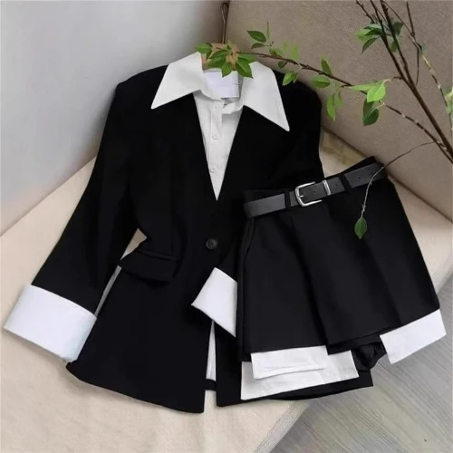 Women Two Piece Skirt Sets Patchwork Blazer Buttons Long Sleeve Jackets High Waist Mini Skirts Suit Elegant Office Lady Spring