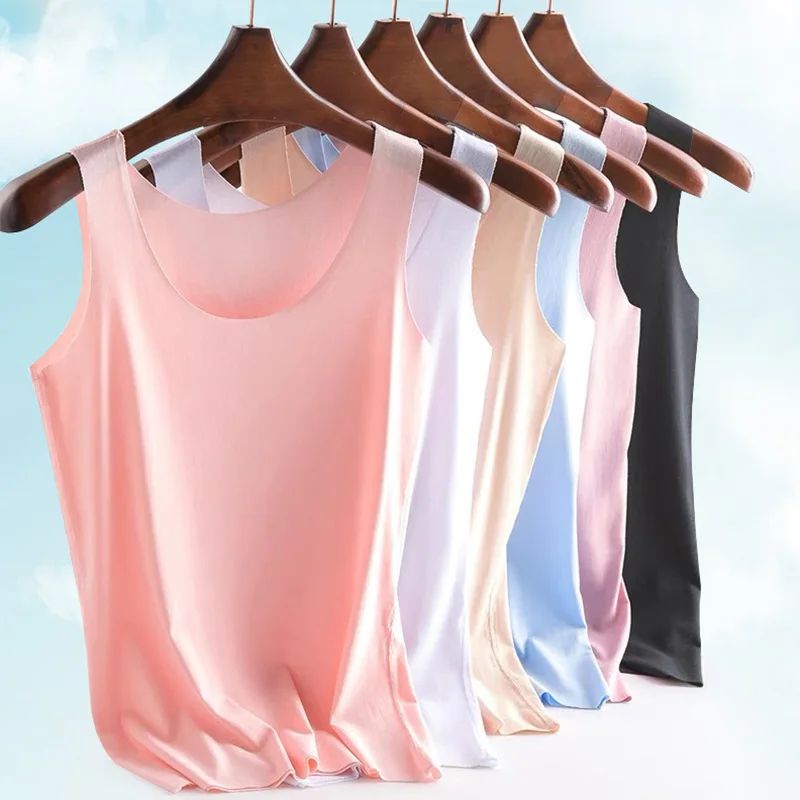 Women's Thin Ice Silk Seamless Tank Tops Summer Sleeveless Plus Size Camisole Solid Color Casual Bottoming Vest Soft Breathable