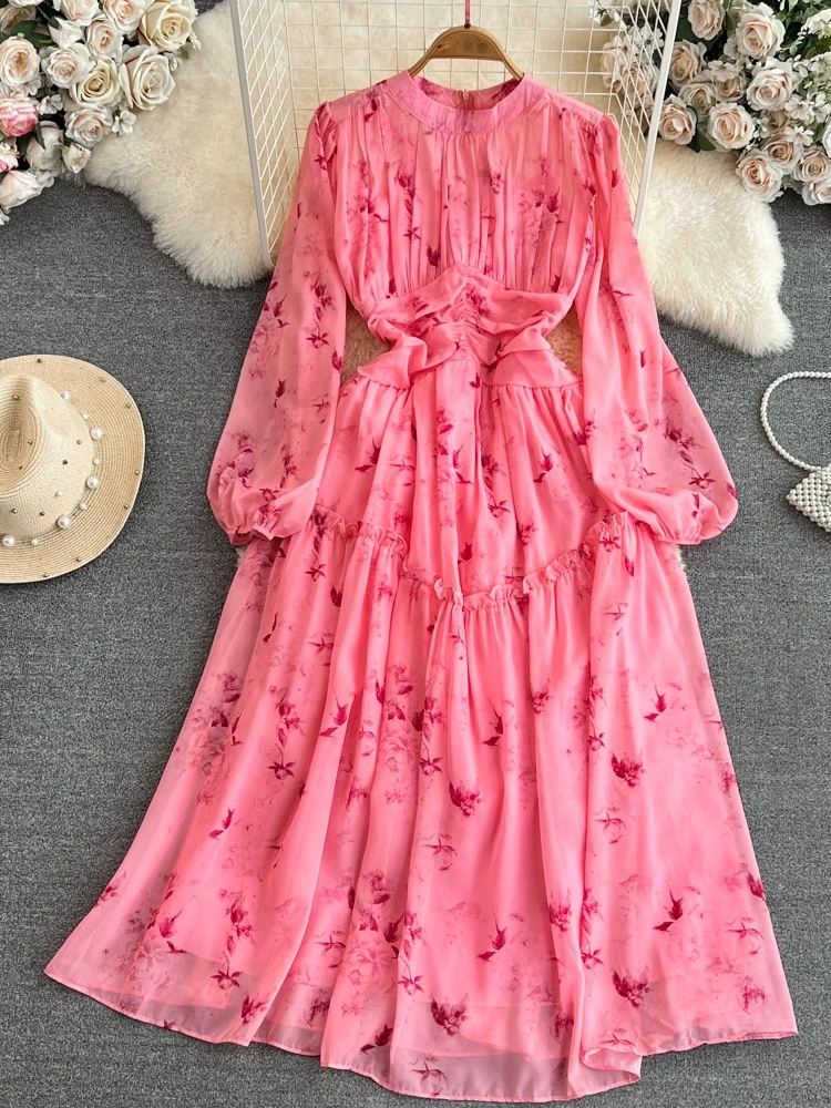 エレガントな長袖ランタンプリントAラインシフォンドレス、スリムなハイウエストガウン、若い女性のための夏のエレガントなロングドレス