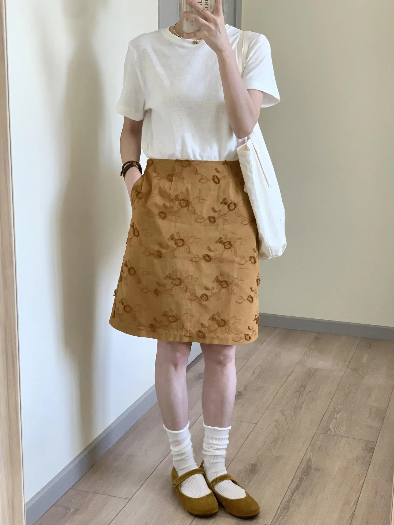 

Yellow Embroidered High Waist A-Line Skirt Floral Print Chinoiserie Sle Women's Skirt Ci Commute Casual Wear