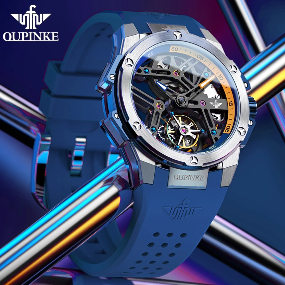 OUPINKE Trend Full Skeleton Tourbillon Automatic Watch for Men Original Luxury Brand Waterproof Silicone Strap Wristwatch Man