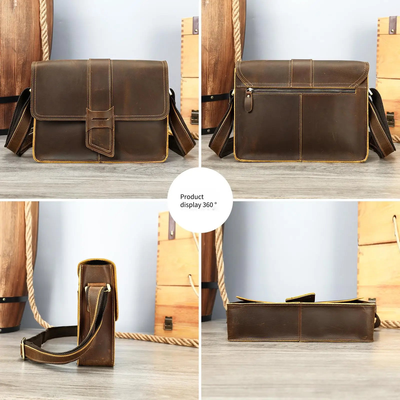 Vintage Crazy Horse Leather Messenger Bag - Men's Full-Grain Cowhide Crossbody Shoulder Bag, Retro Horizontal Design