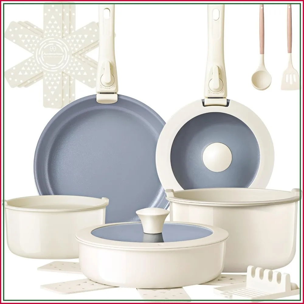 

18-Piece Nonstick Ceramic Pots and Pans Set with Removable Handles, PFAS-Free, Induction Ready, Dishwasher & Oven Safe, Cream White