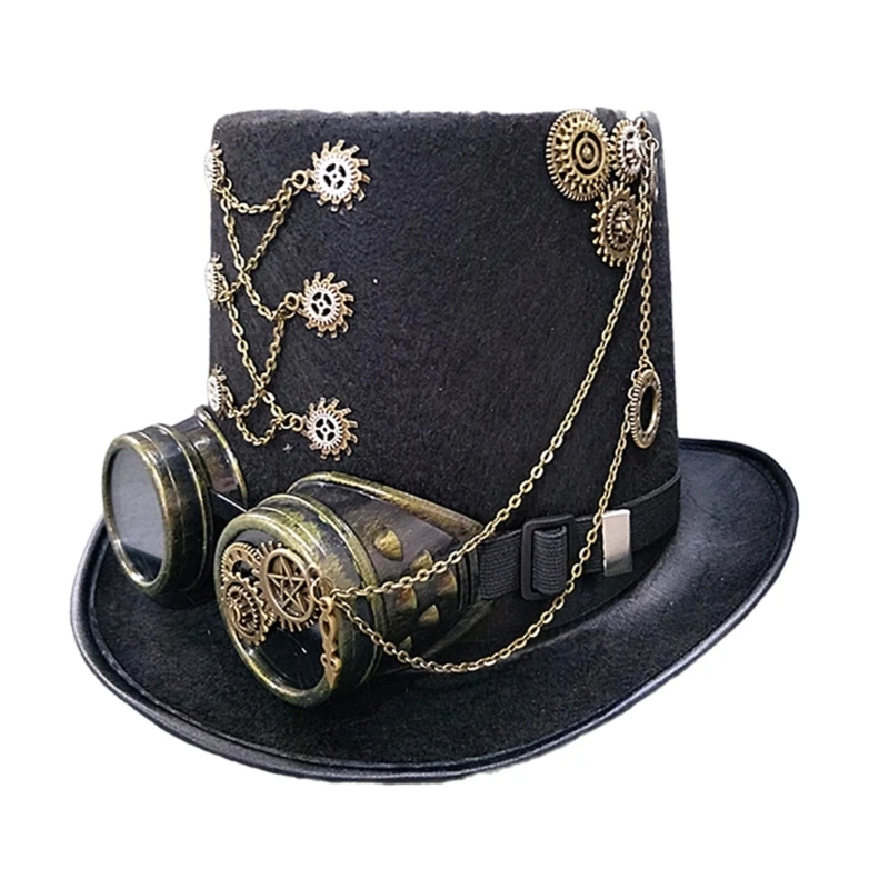 Victorian Steampunk Top Hat with Goggles Vintage Accessories Set for Adult Halloween Dress Up Magician Hat