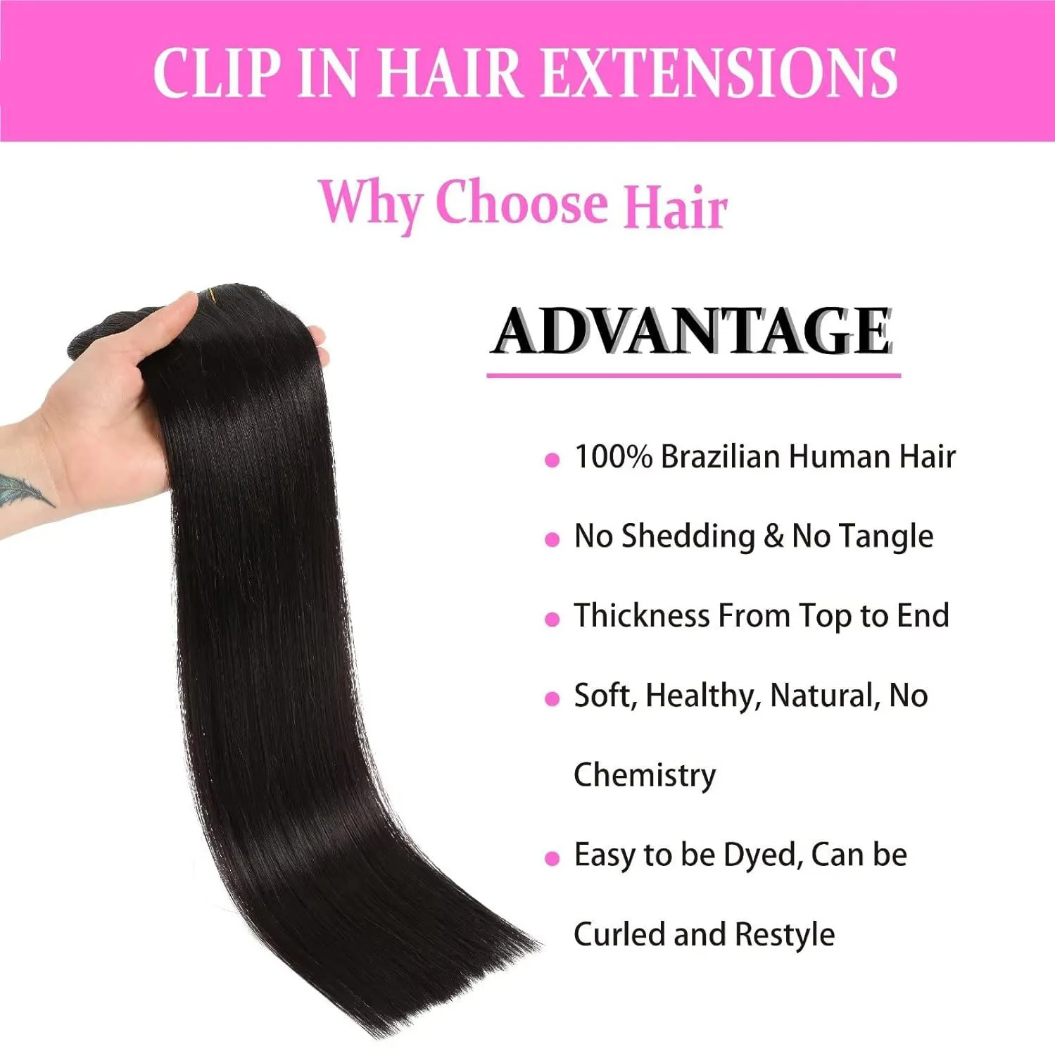 Clip recto Natural para mujer, extensión de cabello humano, cabello Remy, 100% sin procesar, cabello virgen brasileño, cabeza completa