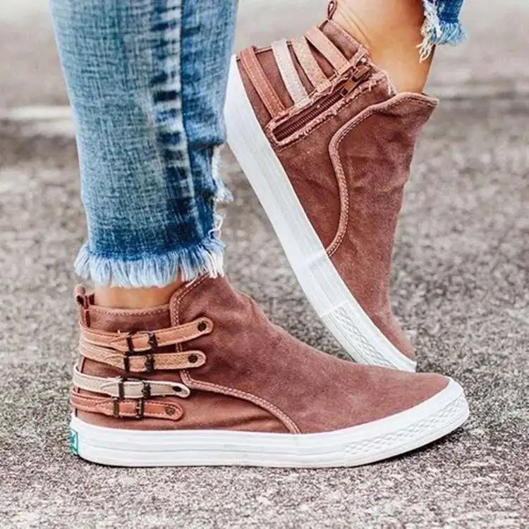 Scarpe di tela da donna 2022 Autunno High Top Fibbia della cintura Donna Mocassini casual Appartamenti Plus Size Cerniera Denim Scarpe da donna