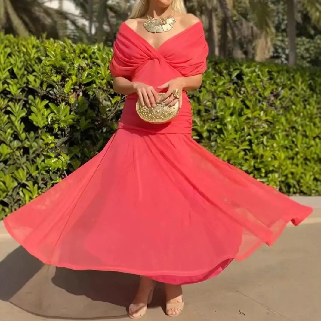 Ele لون نقي عميق V Ne الخصر Cinched Me Dr Women's Faion High Waist H نسخة ort Sve Ci Walk Dr