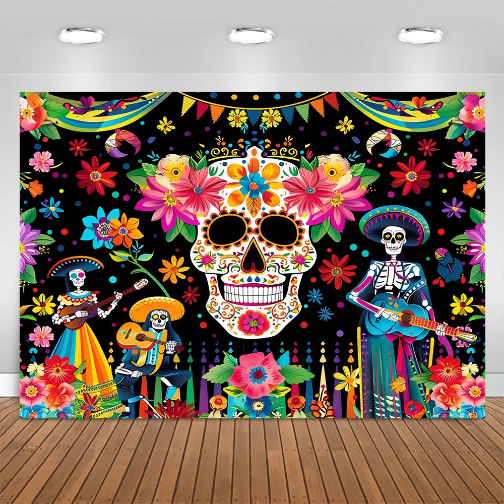 Day of The Dead Backdrop Mexican Dia DE Los Muertos Photographic Background Fiesta Sugar Skull Party Decor Banner Photo Booth
