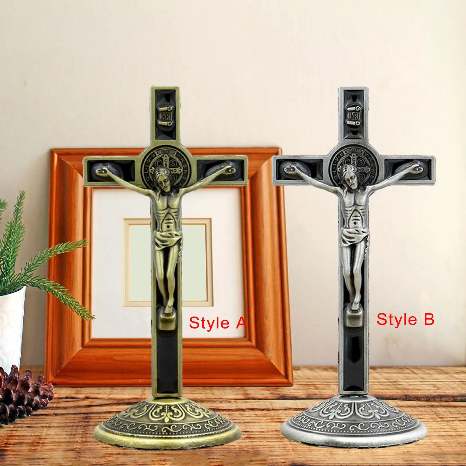 Crucifix Cross Zinc Alloy Vintage Standing Figurine Religious Decor Ornament for Home Decoration Tabletop