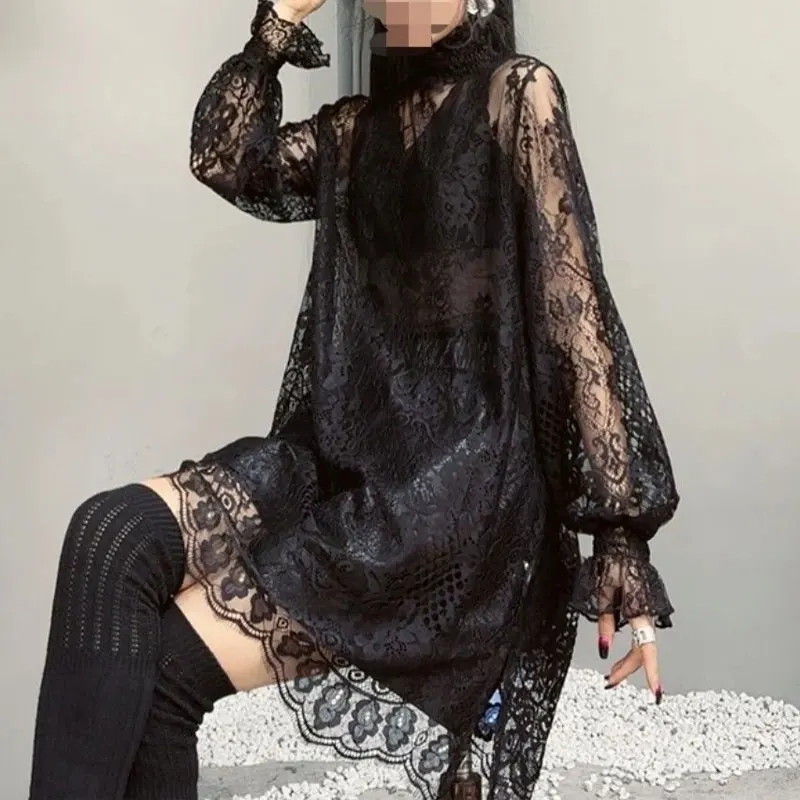 Sexy Vintage Lace Hollow Out Shirt 2023 Autumn Winter Casual Turtleneck Women\'s Clothing Korean Loose Stylish Long Sleeve Blouse