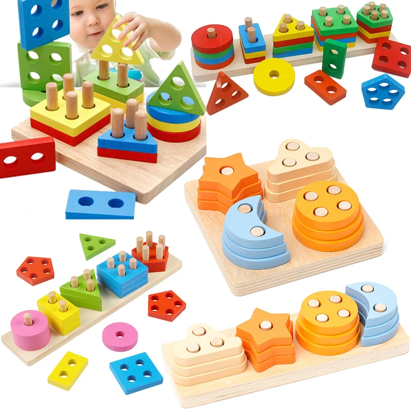 Montessori Wooden Stacking and Sorting Toy Educational Shape Sorter for Toddlers Geometric building blocks Matching Puzzle Games