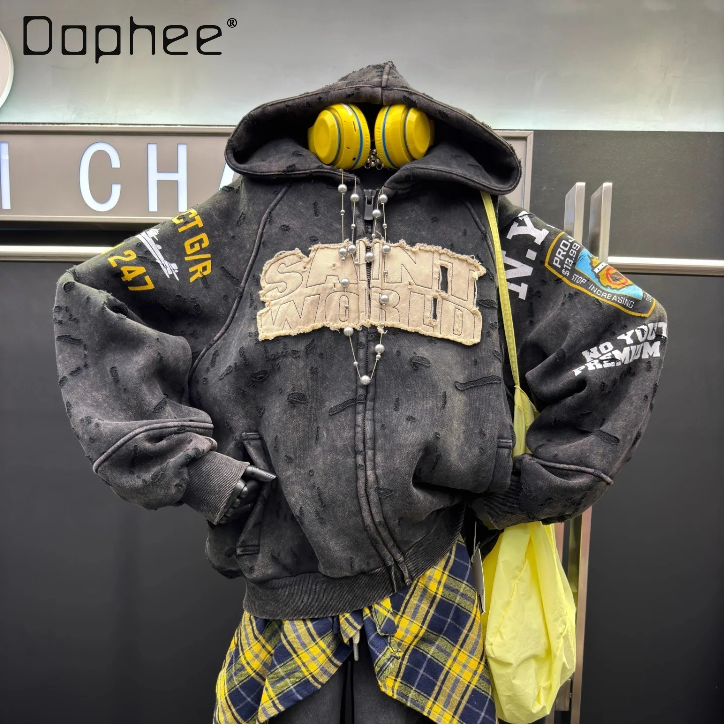 السلع الأوروبية الرمز البريدي هوديي 2025 شتاء جديد الثقيلة التطريز رسالة مقنعين الصوف البلوز للنساء سترة عادية فضفاضة #1