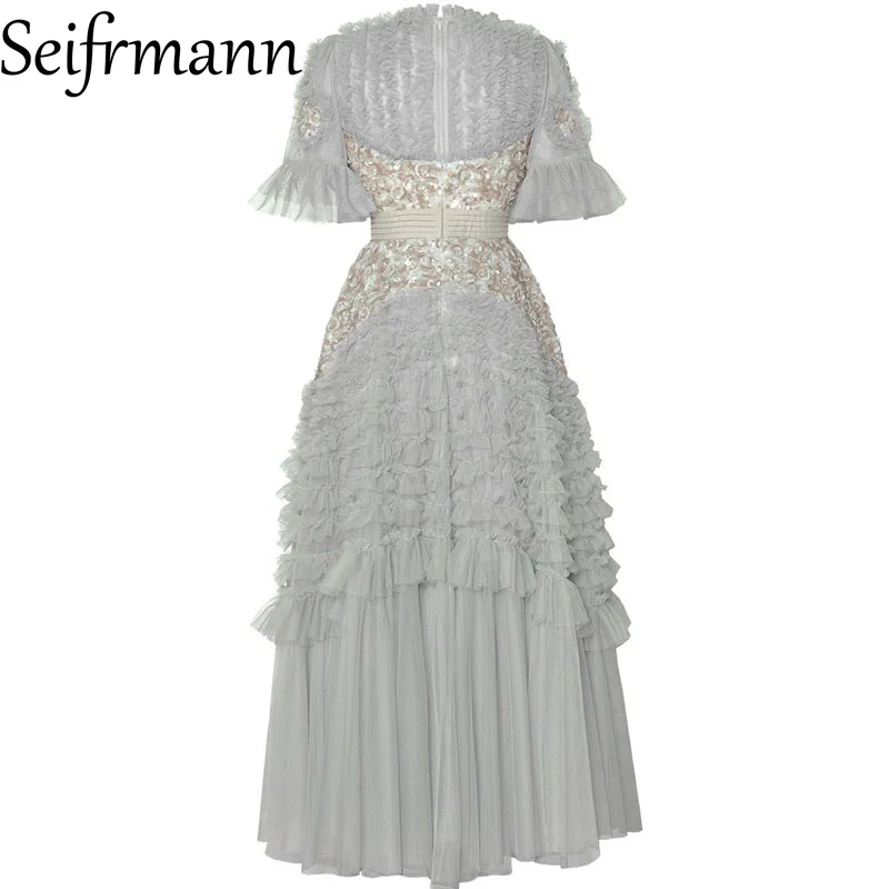 Seifrmann 봄과 여름 새로운 스타일 여성 드레스 스팽글 패션 페르시 짧은 소매 빈티지 우아한 파티 드레스