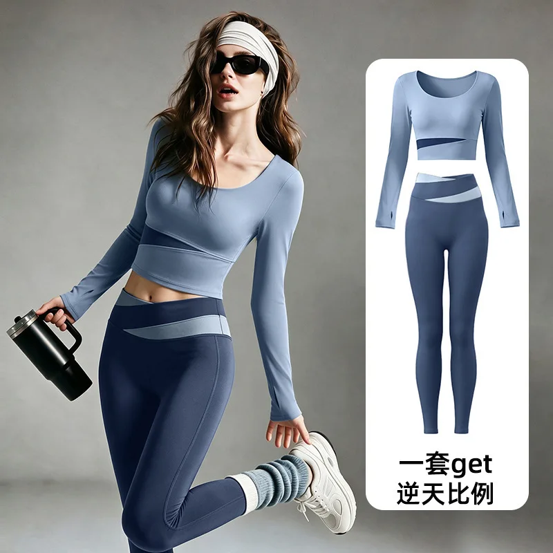 Color Blocked Yoga Suit Women Sportswear Long Sleeved Fitness Suit High Waist Cross Waist Long Pants Pilates Clothing Sportswear