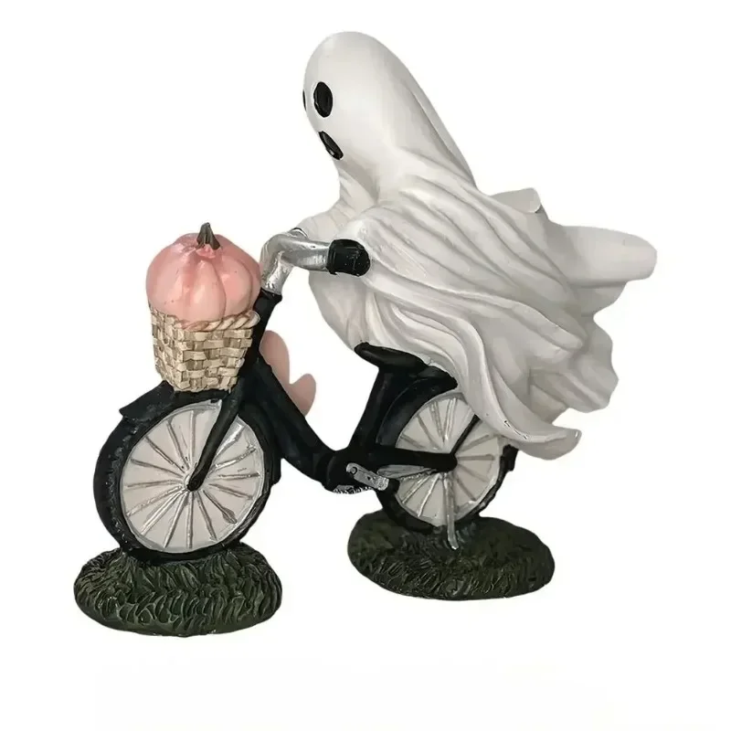 

Creative Home Decoration Desktop Halloween Ghost Bike Rider with Pink Pumpkin Figurine Cartoon Ornaments Decorative Crafts Gifts