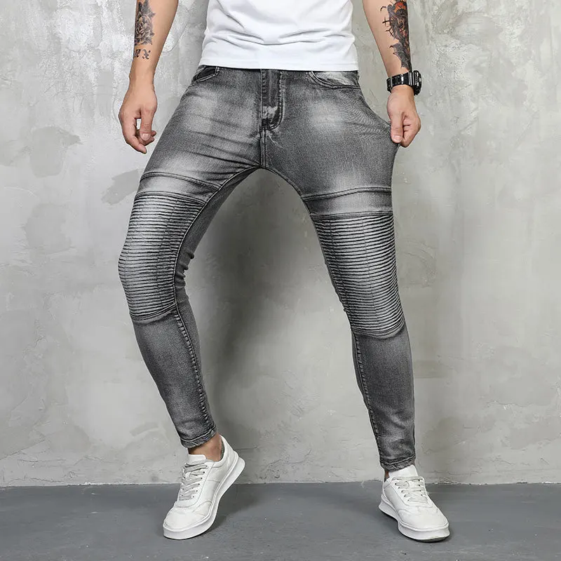 High Quality New Arrival Men's Skinny Cowboy Pants Kpop Korean Style Pleated Design Stretch Grey Motorcycle Riding Jeans for Men