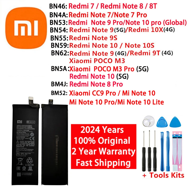 Original BM52 BM4J BN53 BN55 BN59 BN62 Battery For Xiaomi Redmi Mi Note 7 8 8T 9 9T 9S 10 10X 10S POCO M3 CC9 pro Lite Batteries