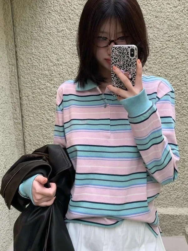 فضفاض مخطط طويل Sve تي شيرت المرأة عادية Sle خمر طوق تنوعا قمة مريحة فضفاضة تناسب الخريف وصول جديد