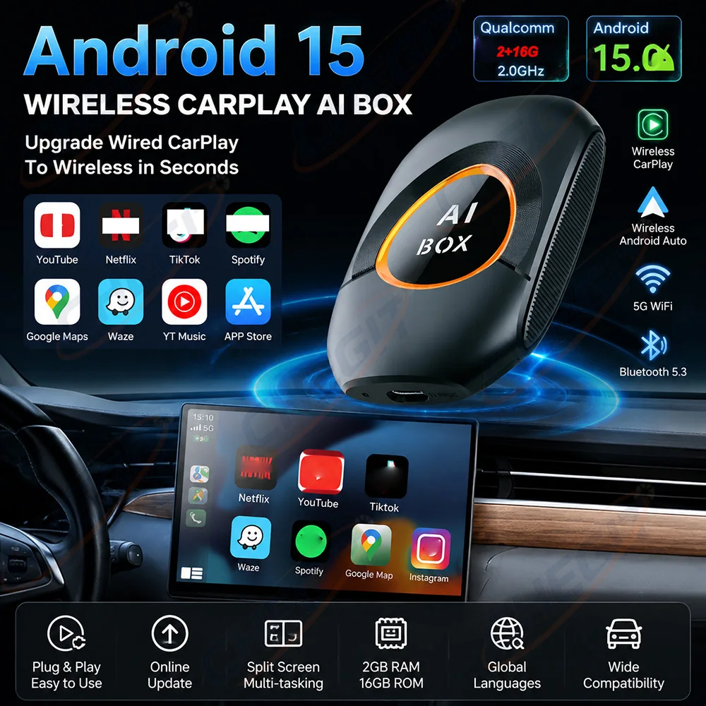 

Carplay AI Box Android 15 Wireless Carplay Android Auto Support Netflix Youtube For VW Toyota Mazda Hyundai Ford Haval GMC Audi