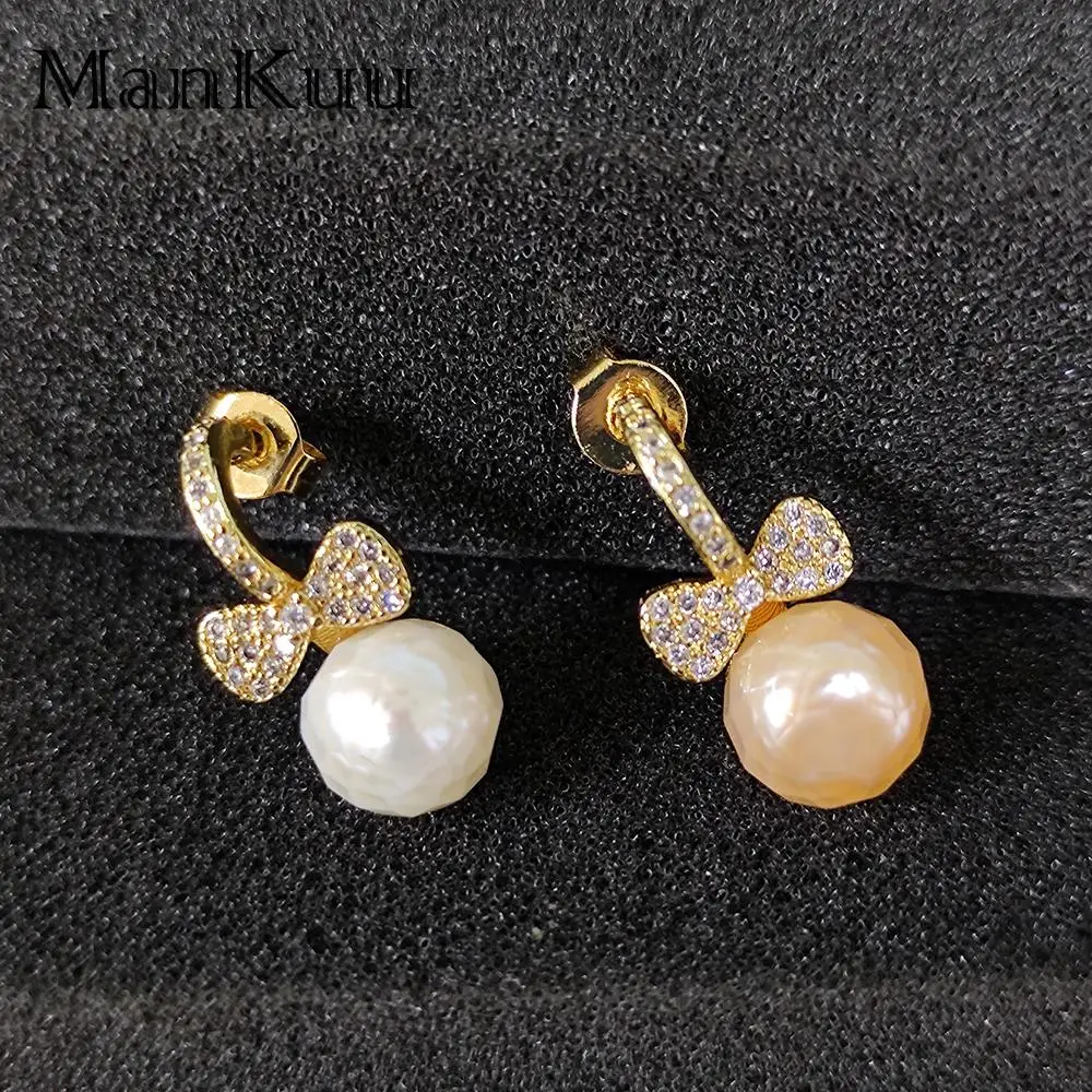 

mankuu trendy elegant natural faceted pearl earrings bowknot studs gold plated jewelry women girls gifts daily wedding
