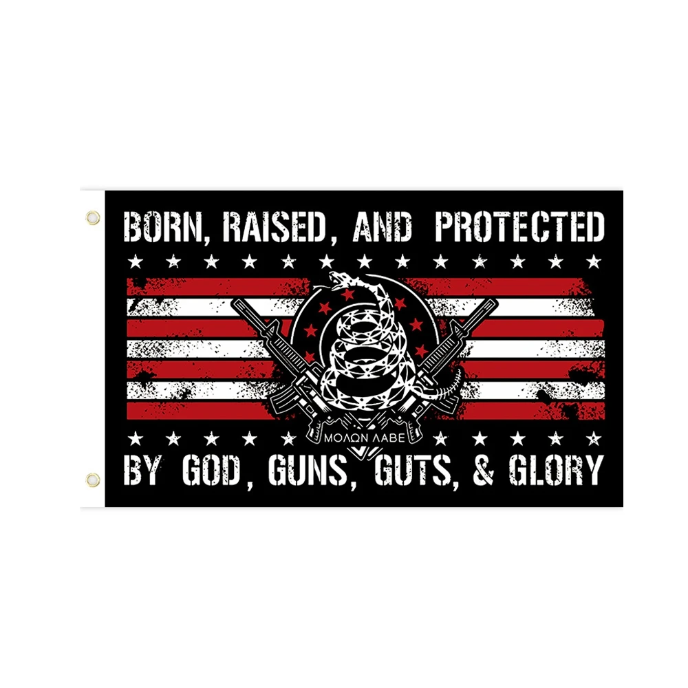 

Born Raised Protected By God Guns Guts Glory Flag 3x5FT 2x3FT |Patriotic American Gadsden Banner Outdoor Indoor Decor Polyester