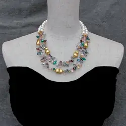 YYGEM 2 Rows 10mm White Sea Shell Pearl 7x14mm Multi Color Crystal Necklace