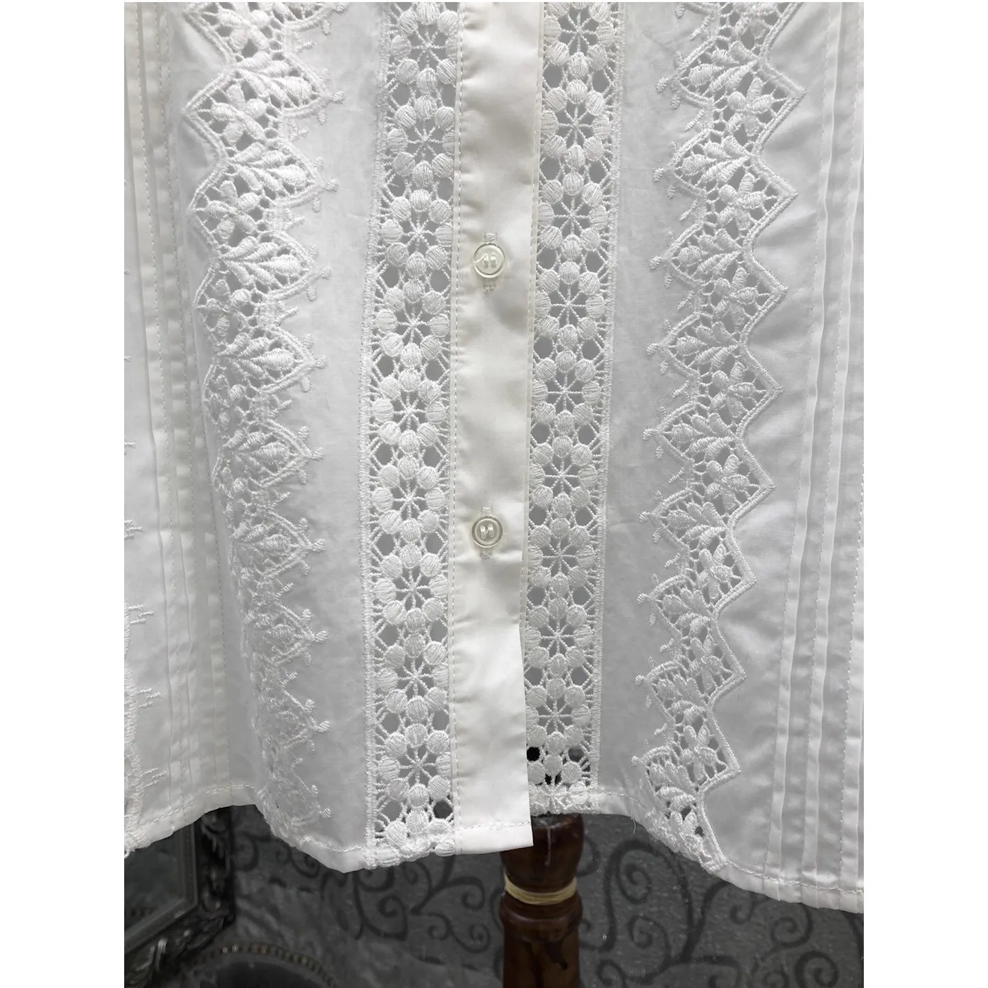 100%Cotton Blouse Shirts 2026 Spring Style Women Allover Crochet Lace Embroidery Long Sleeve Vintage White Button Shirts
