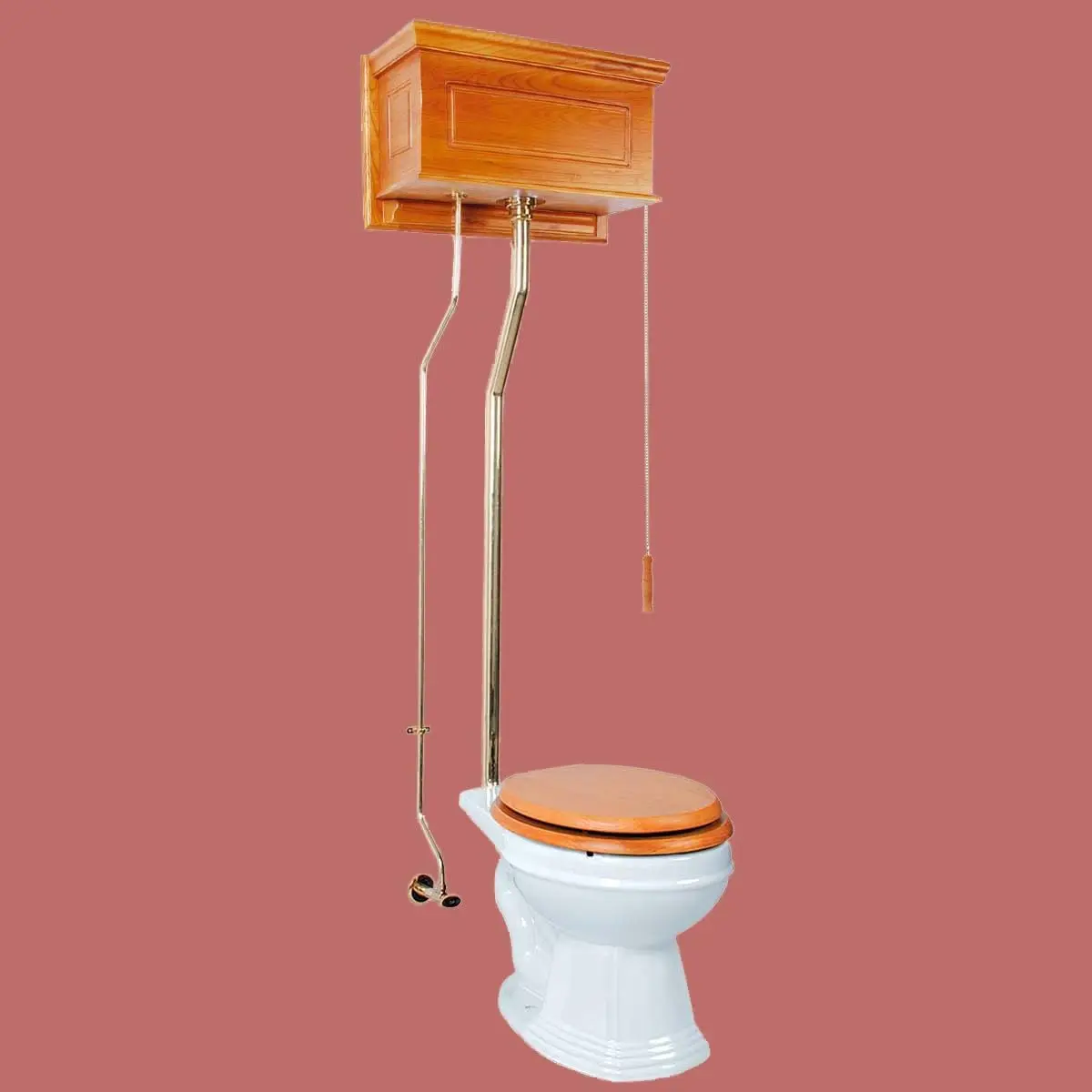 Renovators Supply Manufacturing High Tank Pull Chain Toilet With Light Oak Wooden Raised High Tank 70 In. To 74 In. Adjustable