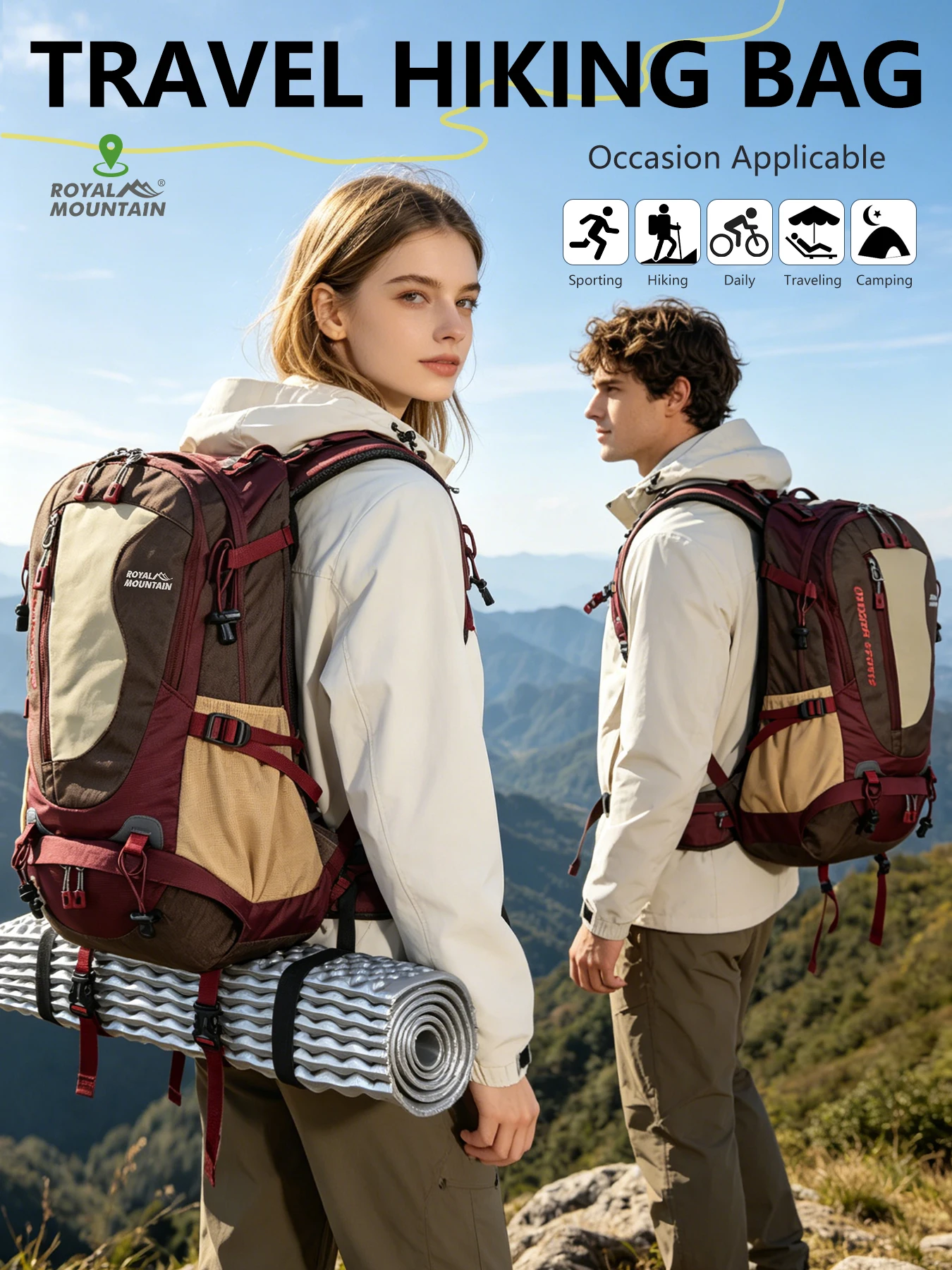 ROYAL MOUNTAIN 35L Wander- & Alltagsrucksack mit Schuhfach, mehreren Taschen, Hüfttasche, Brustschnalle, wasserabweisendem Stoff – Detail 1