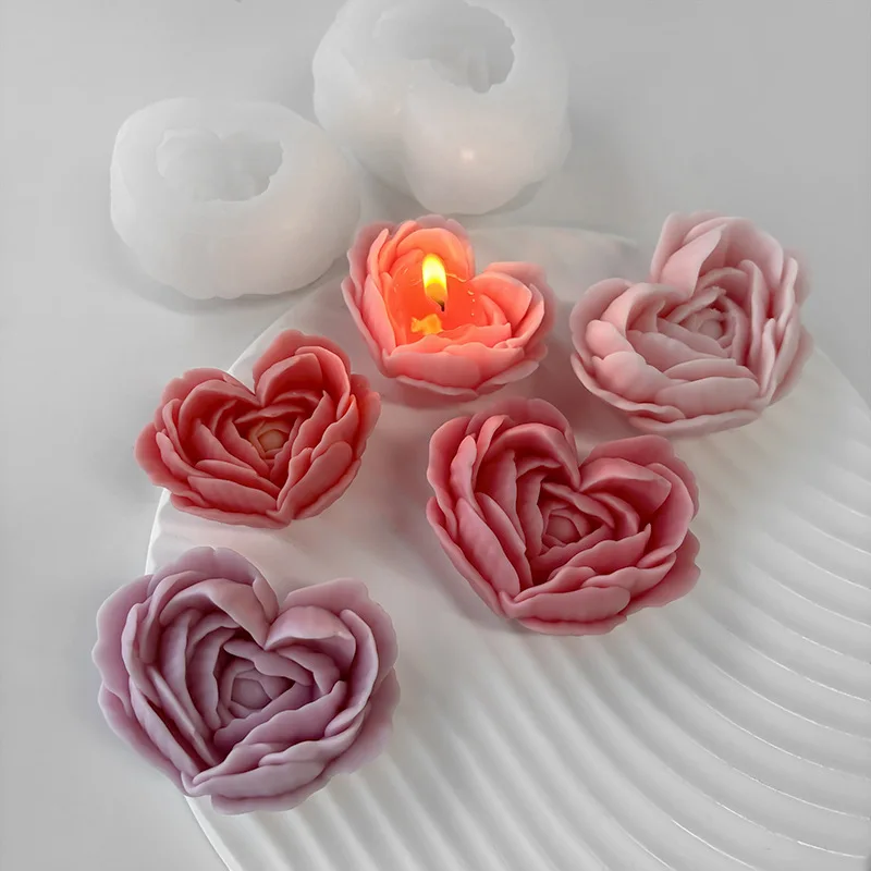 Romantic Heart Rose Candle Silicone Mold Love Shape Flower Soap Resin Mould Wedding Cake Decor Valentine's Day Chocolate