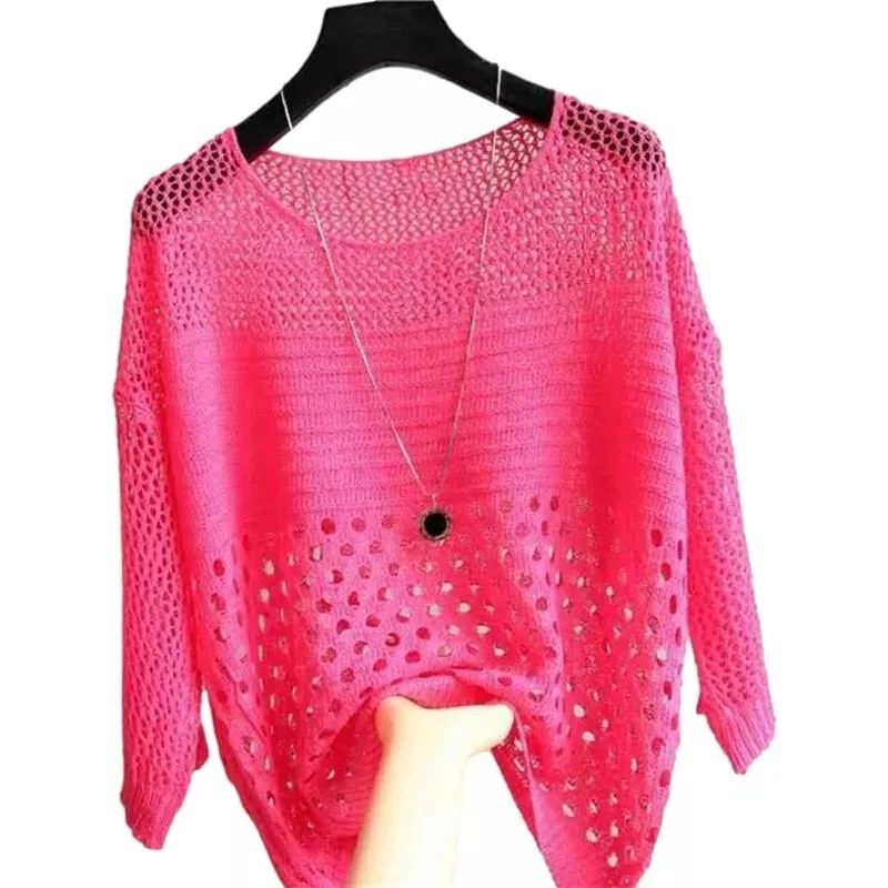 

Casual Hollow Out Mesh Thin Knitted Sweater Women 2023 Summer Half Sleeve Loose Sun Protection Knitwear Ladies Tops Tide G1143