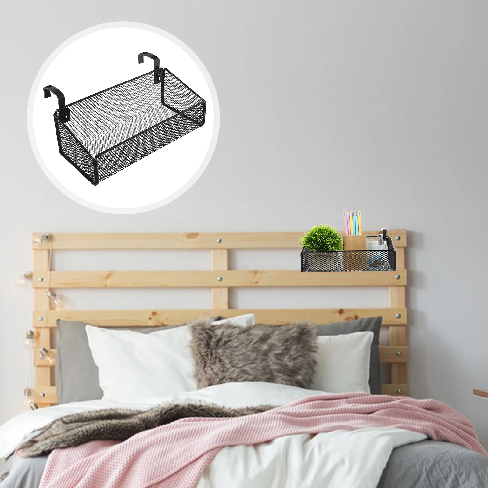 

Bedside Hanging Storage Basket Iron Organizer for Dorm Home Office Metal Hanging Basket with Hook Hold Phone Books