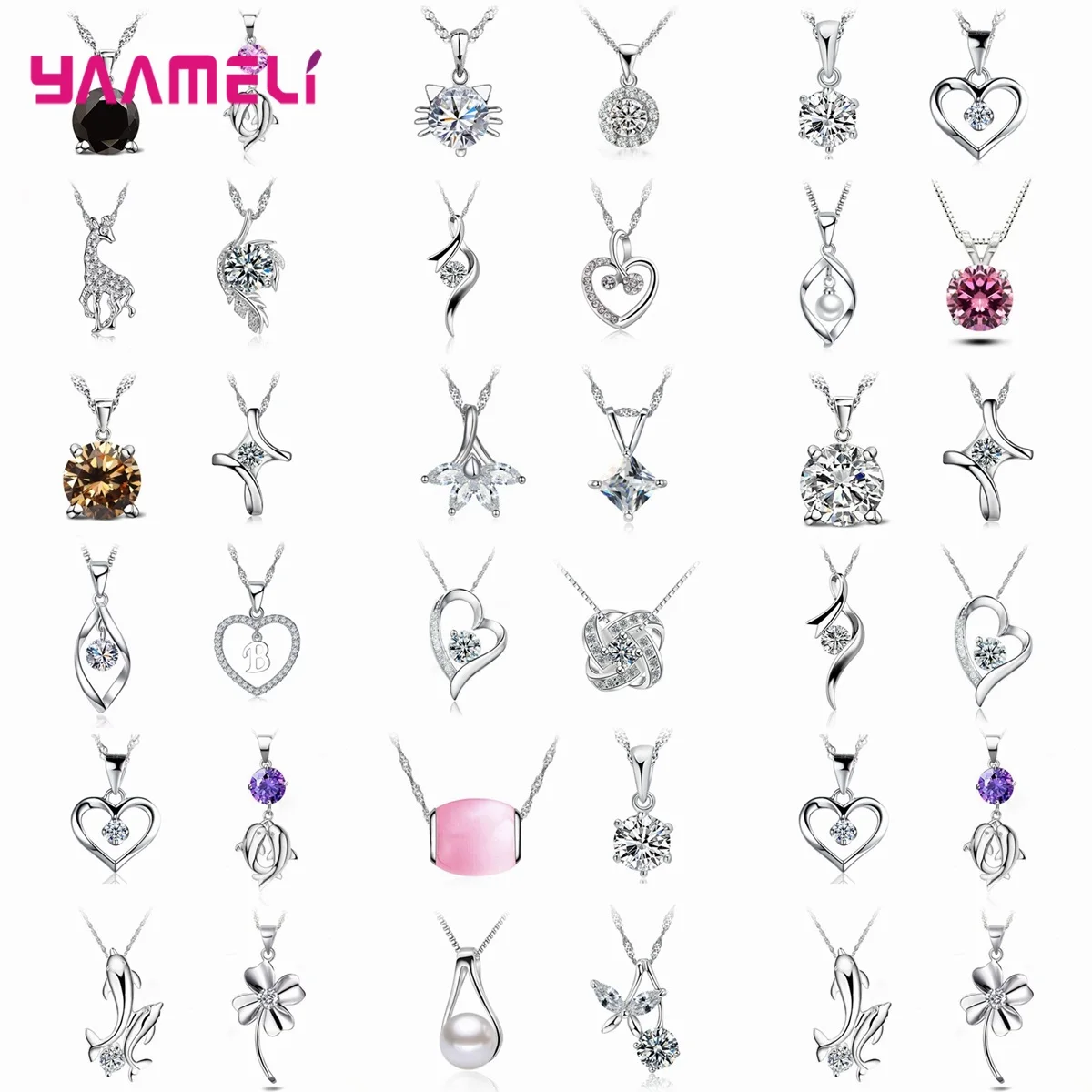 4PCS Lot 925 Sterling Silver Jewelry Pendant Necklace Crystal Cubic Zircon Pearl Cat Eye Bead Collar 18 Inch Nice Birthday Gift