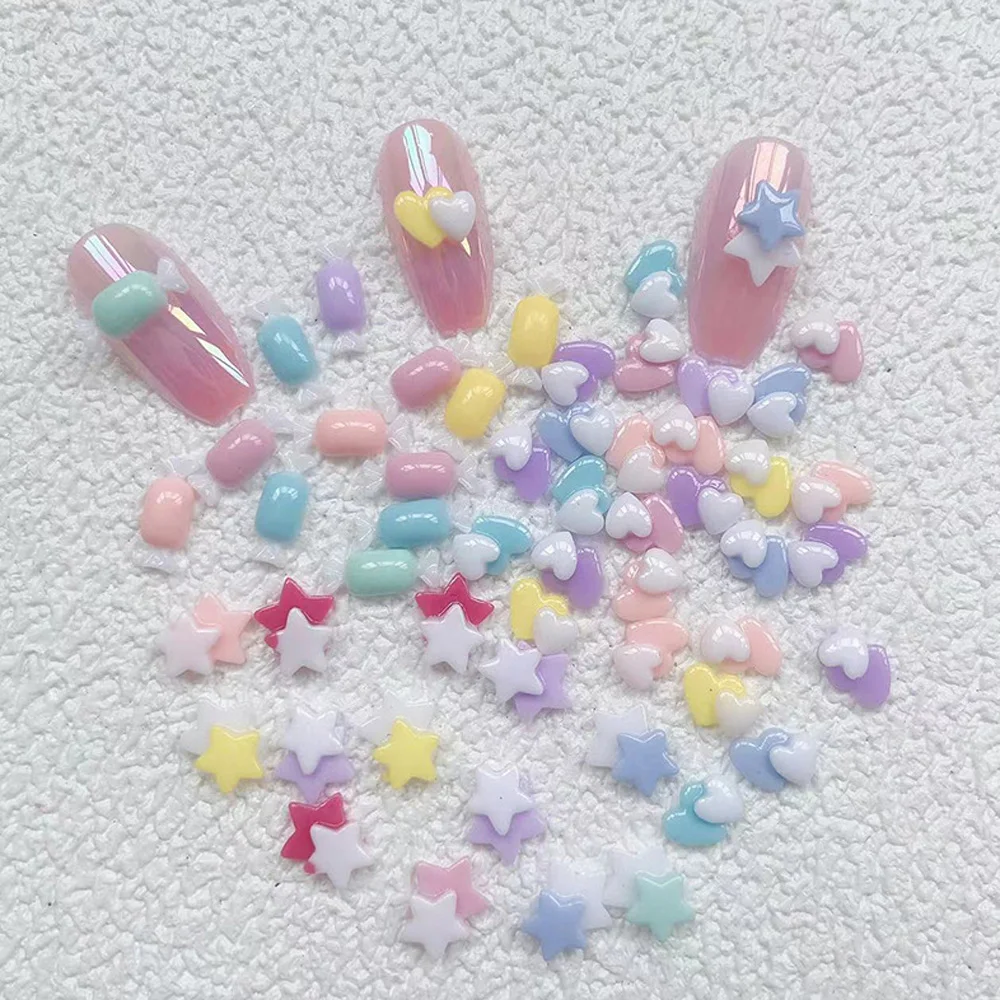 50/100Pcs Double-Layered Heart Resin Nail Art Charm Mixed-Colors Overlap Hearts/Star Nail Rhinestones Kawaii Nail Accessories