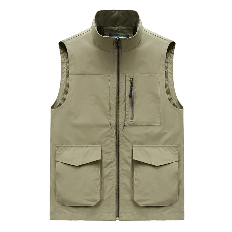 

2023 Men's Multi-Pocket Photographical Vest Stand Collar Color Matching Fishing Director Thin Vest