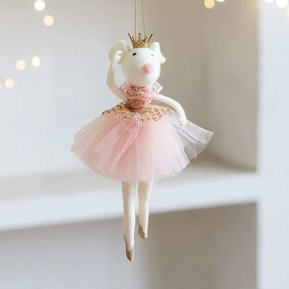 Pink Christmas Ballet Mouse Pendant Cute Mesh Dress Crown Angel Girl Pendant Exquisite Soft Christmas Tree Hanging Decorations