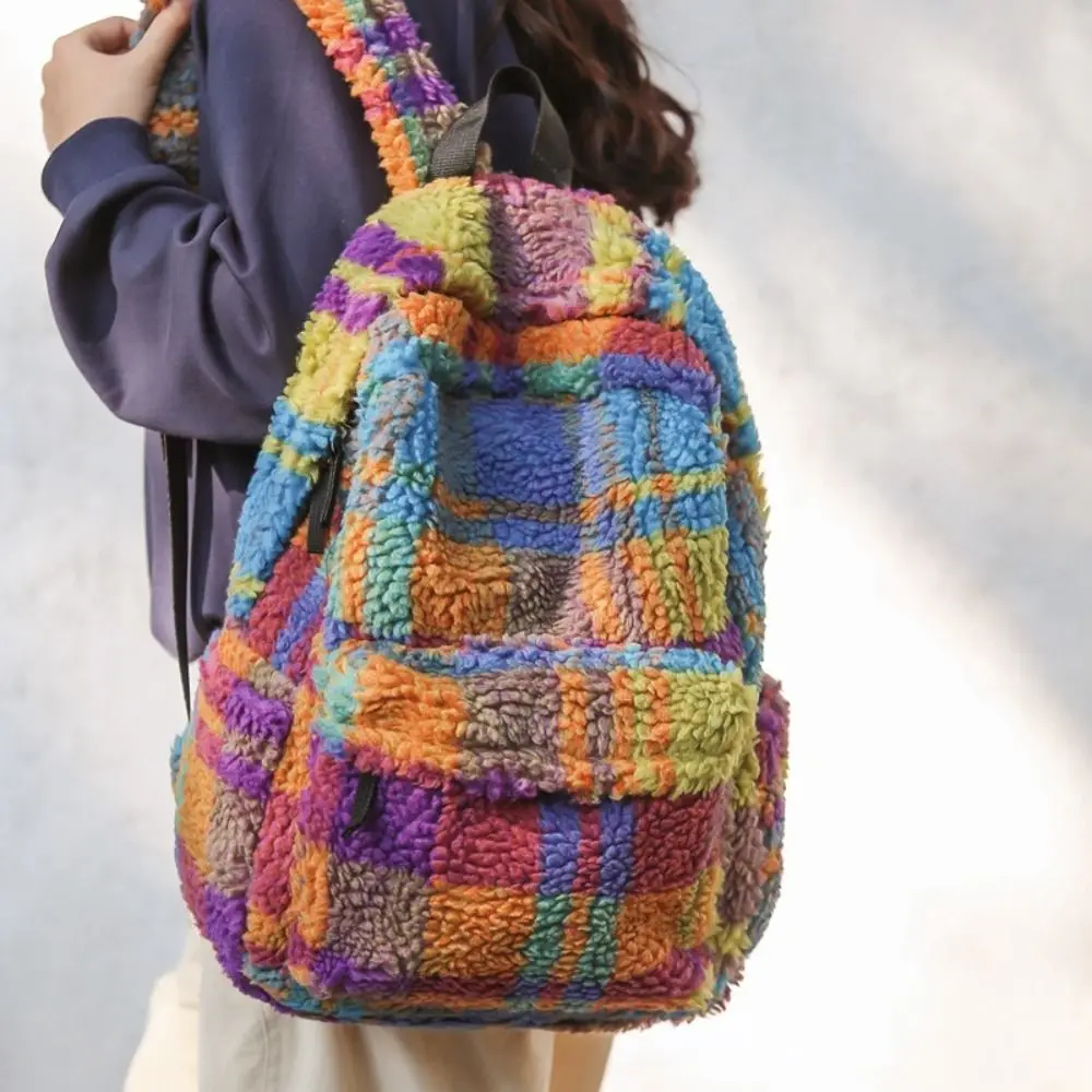 

Large Capacity Colorful Plaid Backpack Strip Korean Style Preppy Trendy Shoulder Bag Geometric Lamb Fleece Backpack Lady