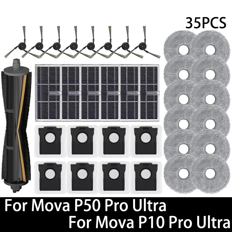 Reserveonderdelen voor Mova P50 Pro Ultra / Mova P10 Pro Ultra robotstofzuiger: hoofdborstel, zijborstel, HEPA-filter, dweil, stofzak, accessoires