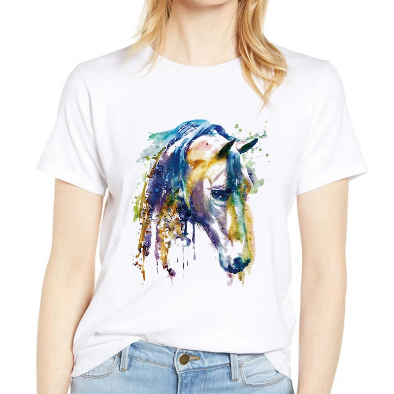 Watercolor Horse Unicorn Print T-Shirt Girl Tops Casual Women Tshirt White Summer Round Neck Ladies Clothes Harajuku Fashion