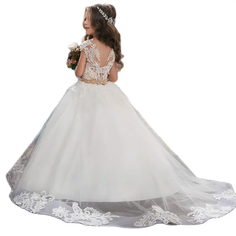 Nova chegada vestidos da menina de flor branco e marfim o-neck beading vestido de baile sem mangas rendas acima primeiro comunhão vestido personalizado quente