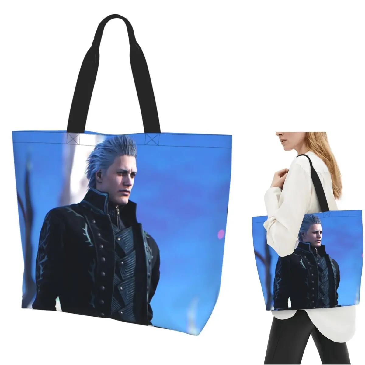 Vergil From The Devil May Cry Seri Shopping Tote Bag Canvas Large Capacity Shoulder Bags Shopper Grocery Handbag for Women