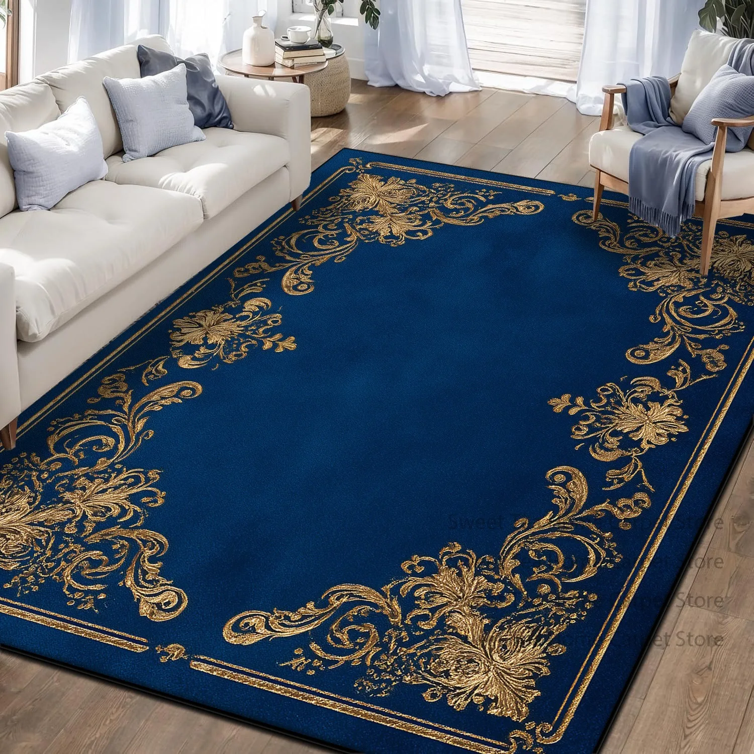 Nordic Retro Plant Pattern Living Room Sofa Carpets Luxury Gold Blue Decoration Bedroom Rug Non-slip Washable Dining Room Mat