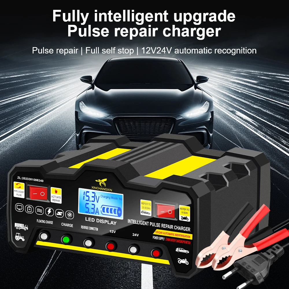 Full Automatic Car Battery Charger For Wet Dry Lead Acid LCD Display 300AH Intelligent Pulse Repair Battery Charger EU Plug 220W