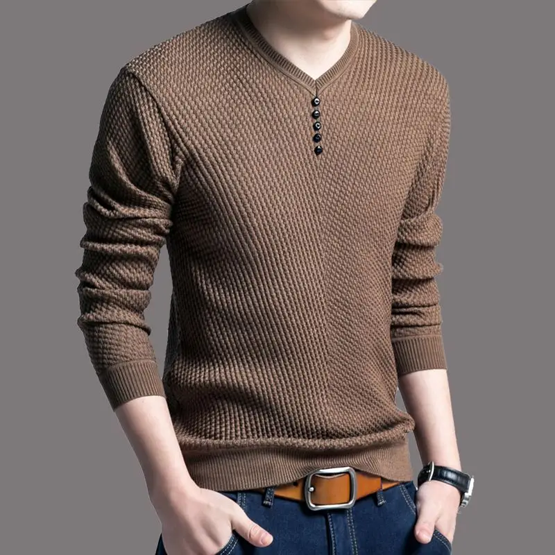 2023 Spring and Autumn Fashion Simple V-neck Panel Button Slim Fit Solid Color Long Sleeve Oversize Men's Thin Knitted Sweater