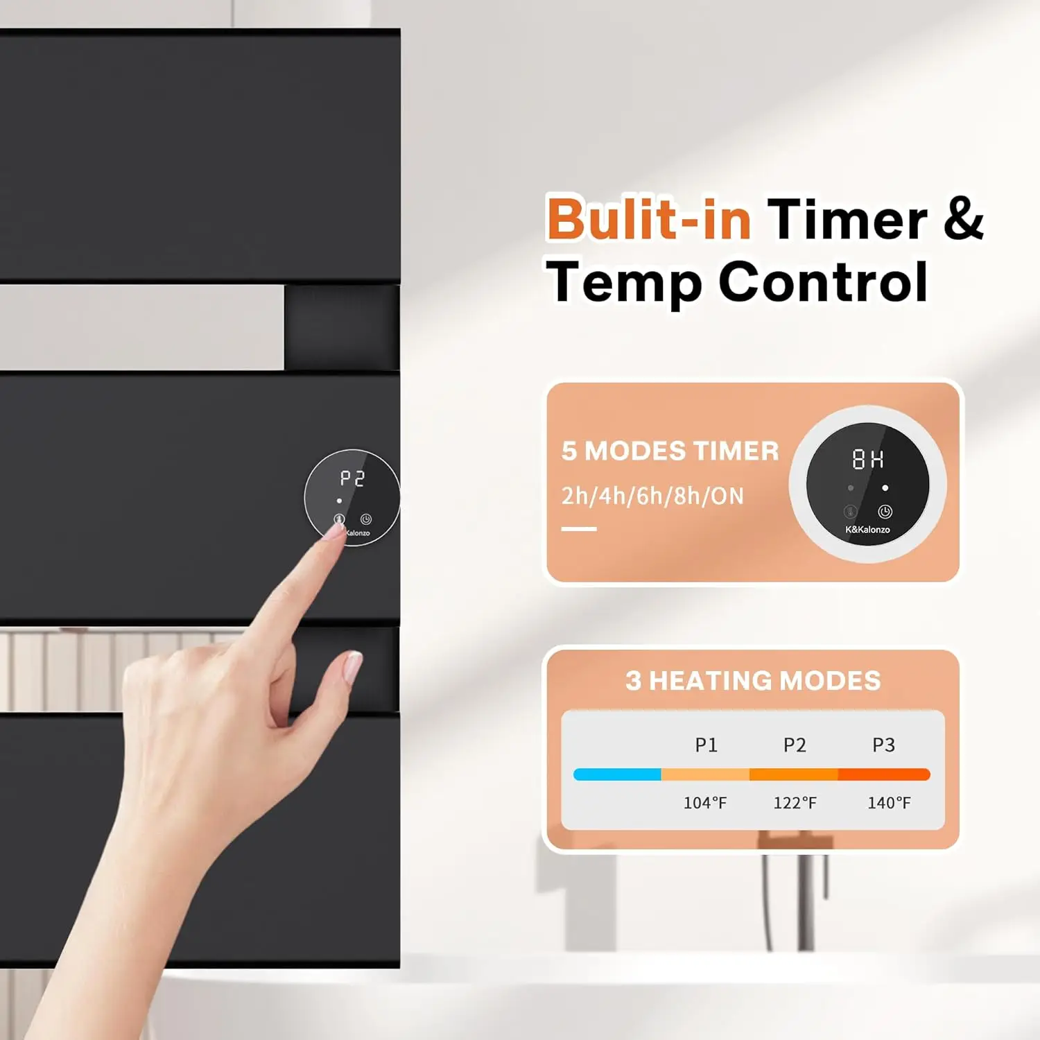 سخان المناشف الكهربائي K&KALONZO، 18.35 بوصة عرض × 22.8 بوصة ارتفاع سخان منشفة مثبت على الحائط مع مؤقت مدمج، حرب منشفة ألومنيوم مقاومة للماء