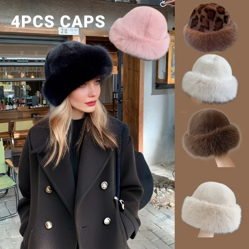4PCS Women's Faux Fur Mongolian Hat Set, Long Plush Warm Winter Ski Hat, Cold Weather Outdoor Sports Commute Photo Prop