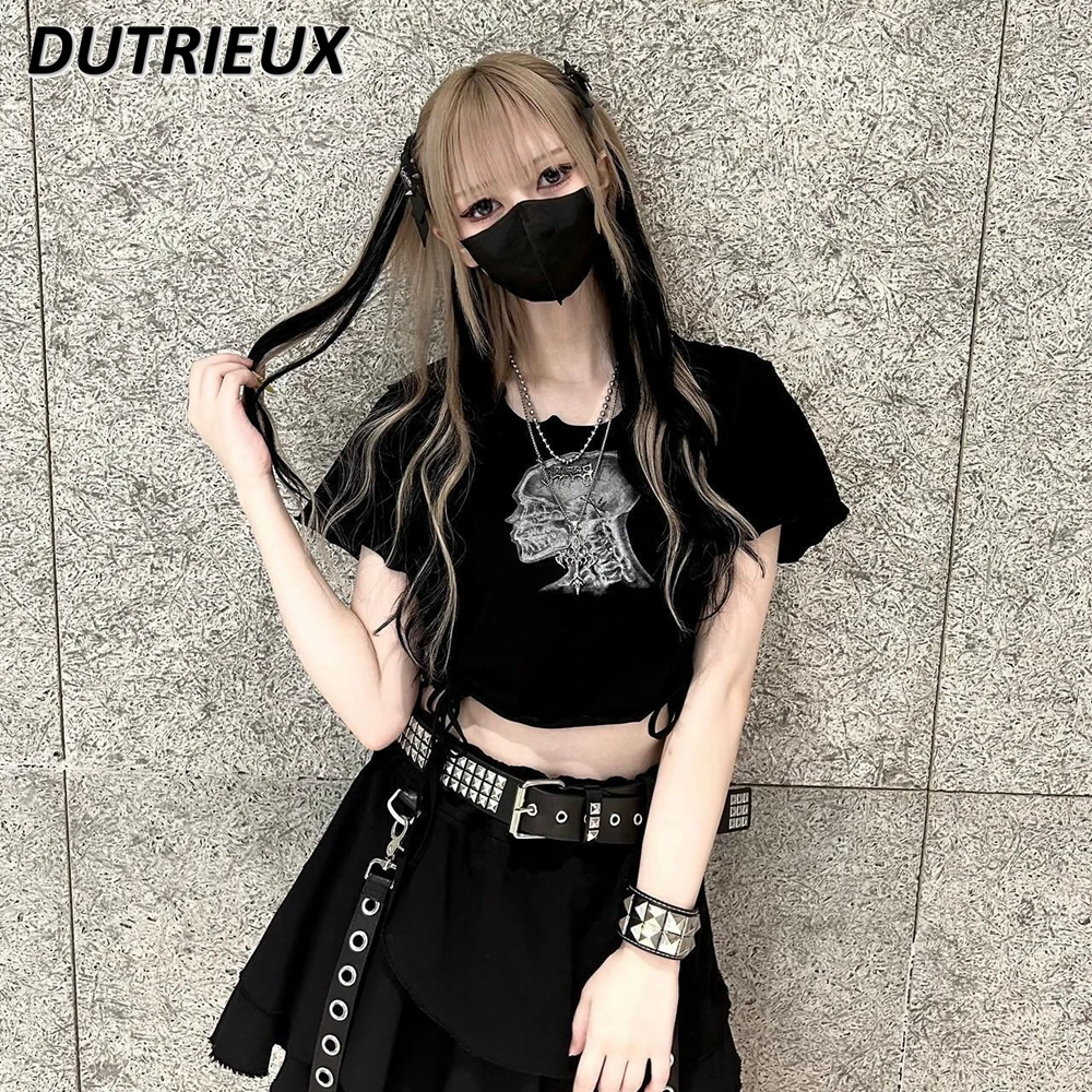 Japanese Harajuku Style Drawstring Short Short-sleeved T-shirt Fashion Women\'s Tops Summer Casual Crew Neck Tees for Lady