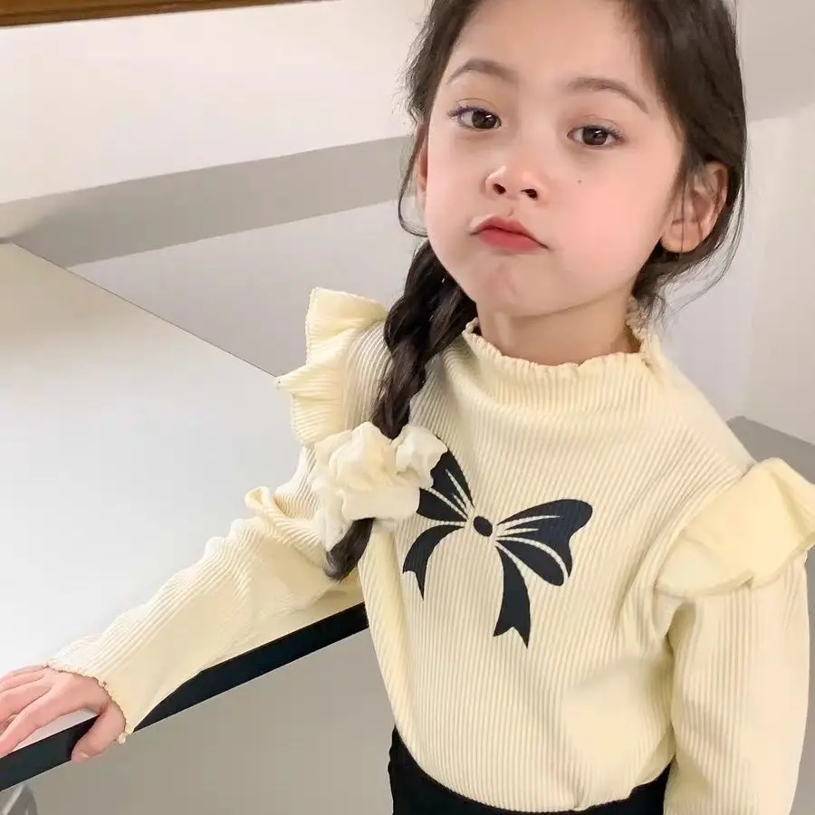 Kids Baby Girls Spring Autumn Casual Bow Ribbed Pullover Tops Fashionable Lotus Leaf Sleeves Turtleneck Solid Color Knit T-shirt