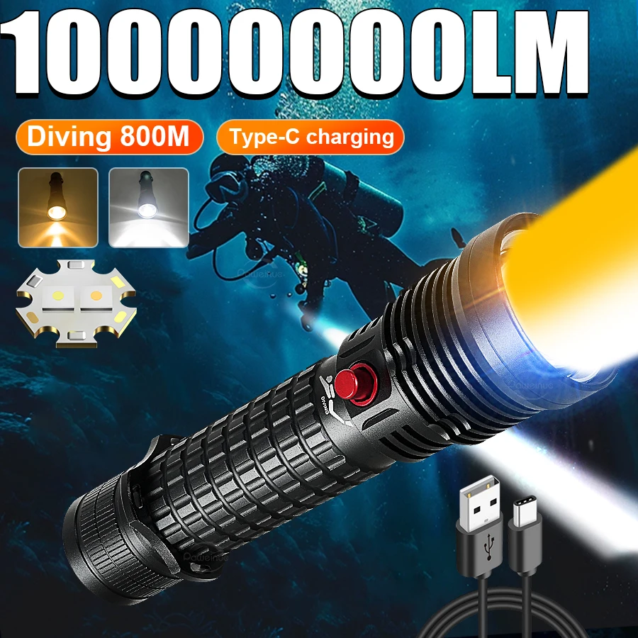 

10000000LM Самый мощный светодиодный фонарик для дайвинга, профессиональный USB перезаряжаемый IPX8, фонарик для дайвинга, подводные лампы для охоты и рыбалки