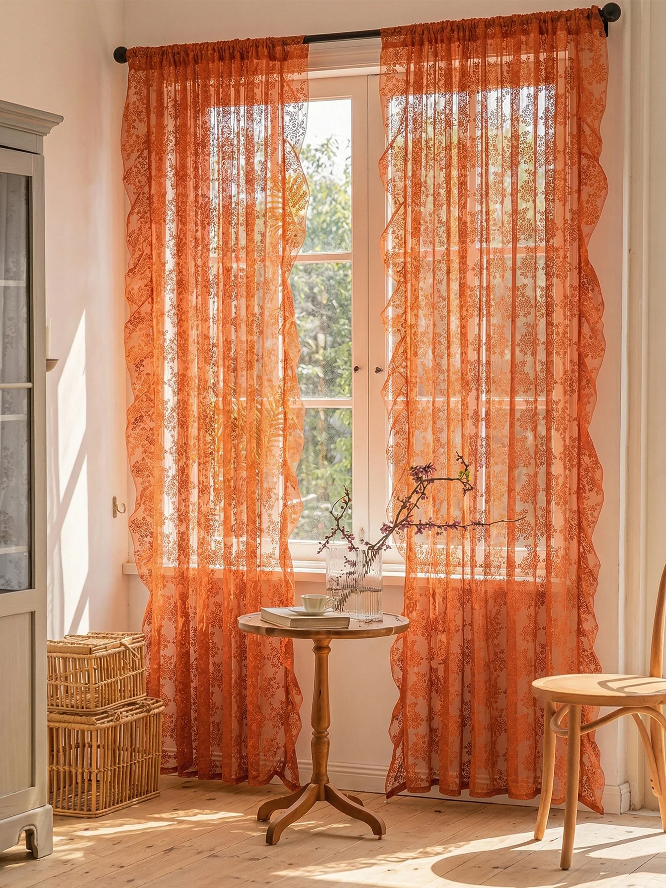 Premium Boho Burnt Orange Sheer Curtains - Vintage Floral Lace Window Treatments with Scalloped Edge